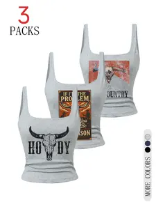 3-Pack Sexy Slim-Fit Women's Sleeveless Crop Tops, Short, Soft & Comfortable Fabric, Ideal for Daily Wear, Shopping, Sleepwear, Summer Fashion, Bull Poster Print Design