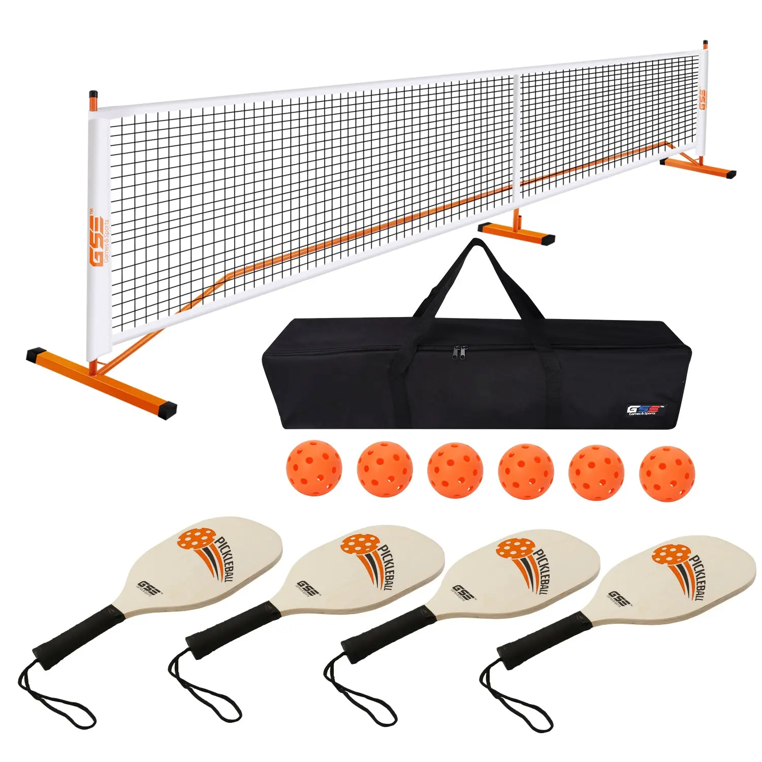 Orange Pickleball Complete Net Set with Pickleball Net, Paddles, Pickleballs