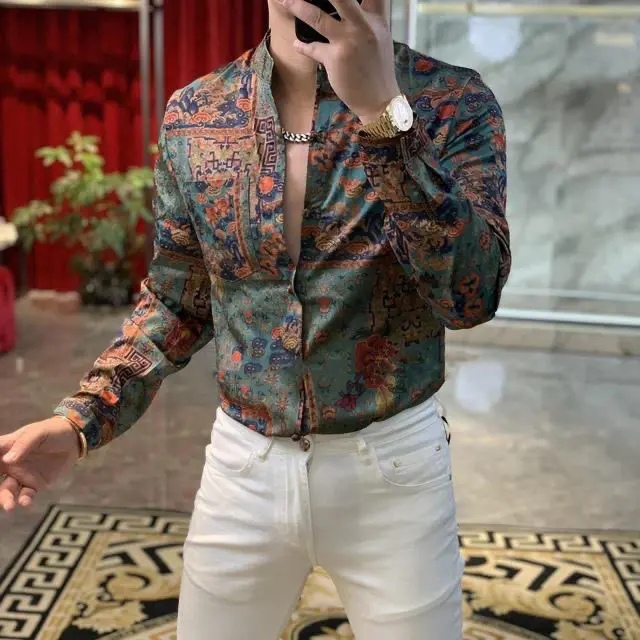 Men's High-End Chinese Style Ink Painting Print Collared Jacket - Korean Design, Square Neck Stand Collar, Polyester, Long Sleeve, Spring-Summer Ethnic Floral Button-Up, Collared Neck, Ethnic Style