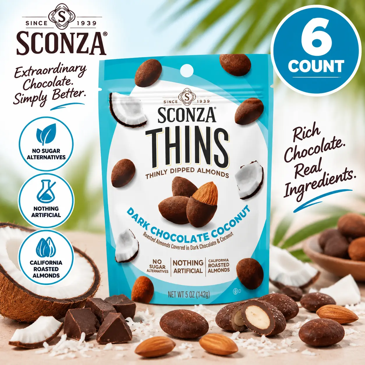 Sconza Thins Dark Chocolate Coconut Almond Snack 5 oz 6 Count Peg Bag Premium Chocolate Candy