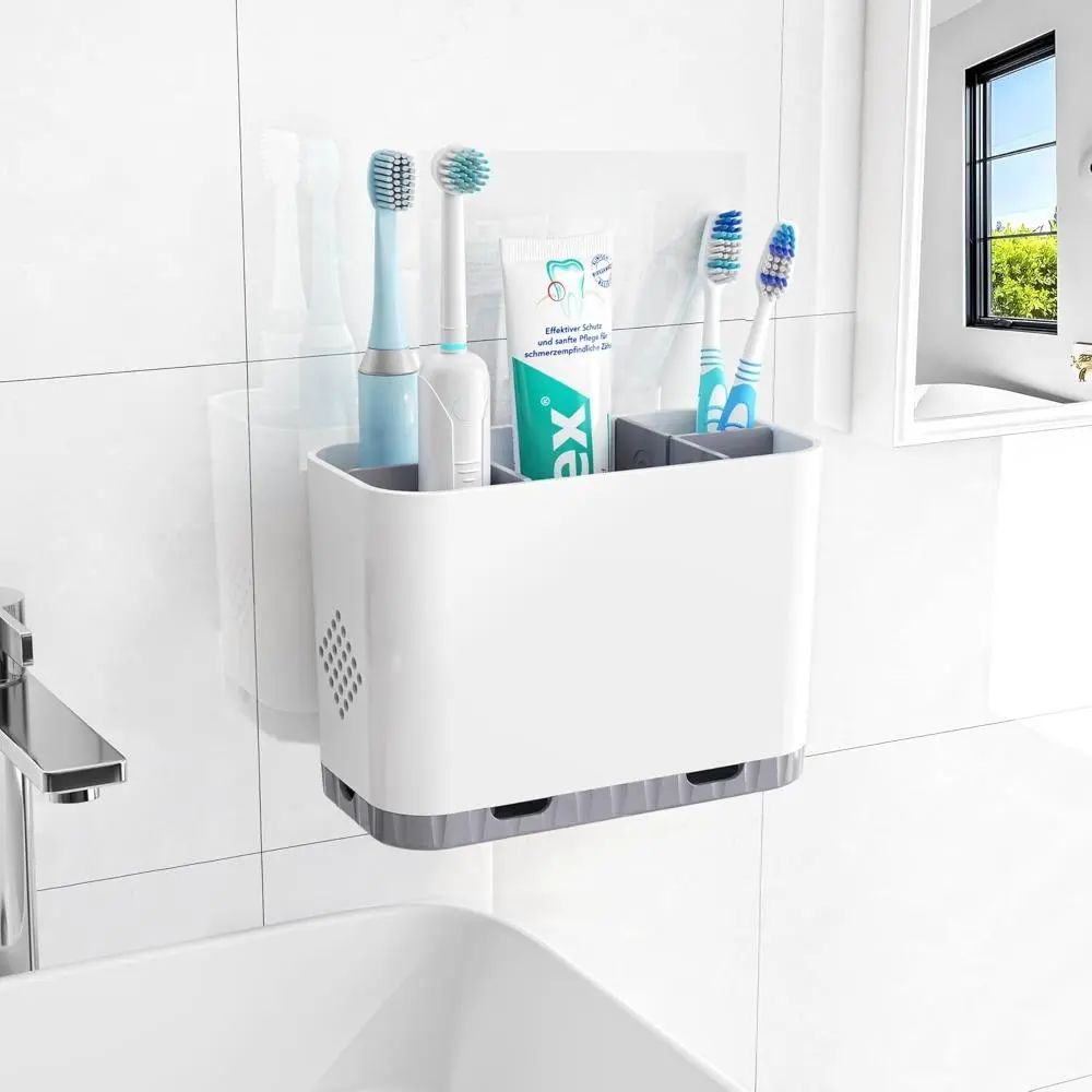 Toothbrush and Toothpaste Holders for Bathrooms Countertop - Detachable 5 Slots Kids Electric Toothbrush Holders Set Wall Mounted with Removable Dividers for Bathroom Decor and Accessories Organizer