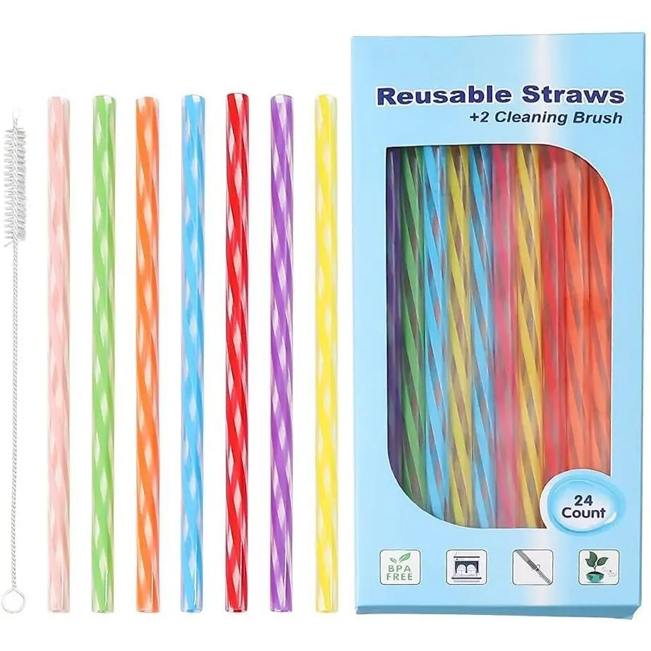 Stirrer Straws with Cleaner Brush Short Assorted color Plastic Pipes fit for Milk & Juice & Coffee & Smoothies &  &  Straws Kit (24Count-7.5in)