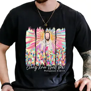 Every Knee Shall Bow T-Shirt Christian Faith Tee Jesus Bible Verse God is Good Religious Easter Outfit Made In USA For Women For Men [Block Core Threads short-sleeve/hoodie, soft and comfortable]