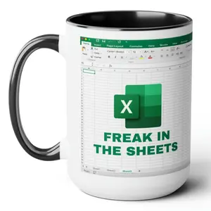 Freak In The Sheets Two-Tone Ceramic 15oz Coffee Mug, Microsoft Excel Themed Ceramic Mug for Office Humor and Spreadsheet Enthusiasts, Funny Mugs
