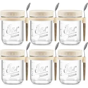 6 Pack Overnight Oats Containers with Lids and Spoons, 16 oz Glass Mason Overnight Oats Jars, Large Capacity Airtight Jars for Milk, Cereal, Fruit(Beige