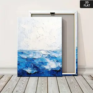 2D Flat Abstract Blue Ocean Canvas Wall Art, Modern Navy Blue Painting, Solid Wood Gallery Wrapped Frame, Inspirational Decor for Home Office Living Room Bedroom, Serene Blue Tones, Minimalist Modern Style, Ready to Hang, 1 Piece