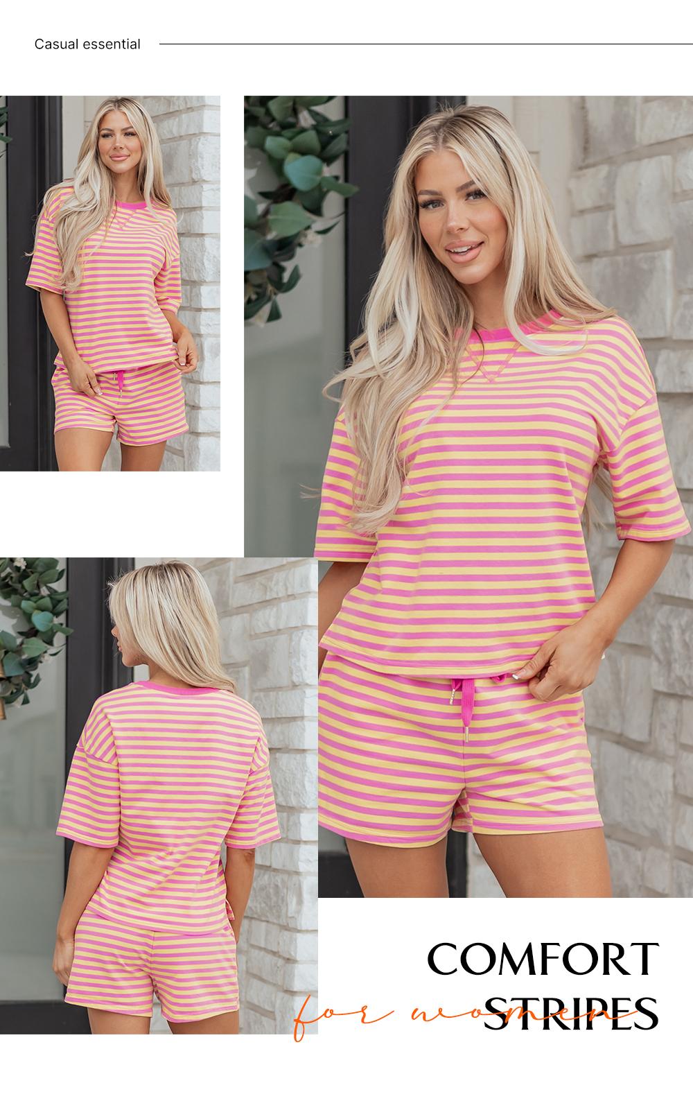 Asvivid Women's Stripe Two Piece Set Drop Shoulder Casual T Shirt & Short Set - 2 Pieces Set Versatile Summer Outfit Clothes