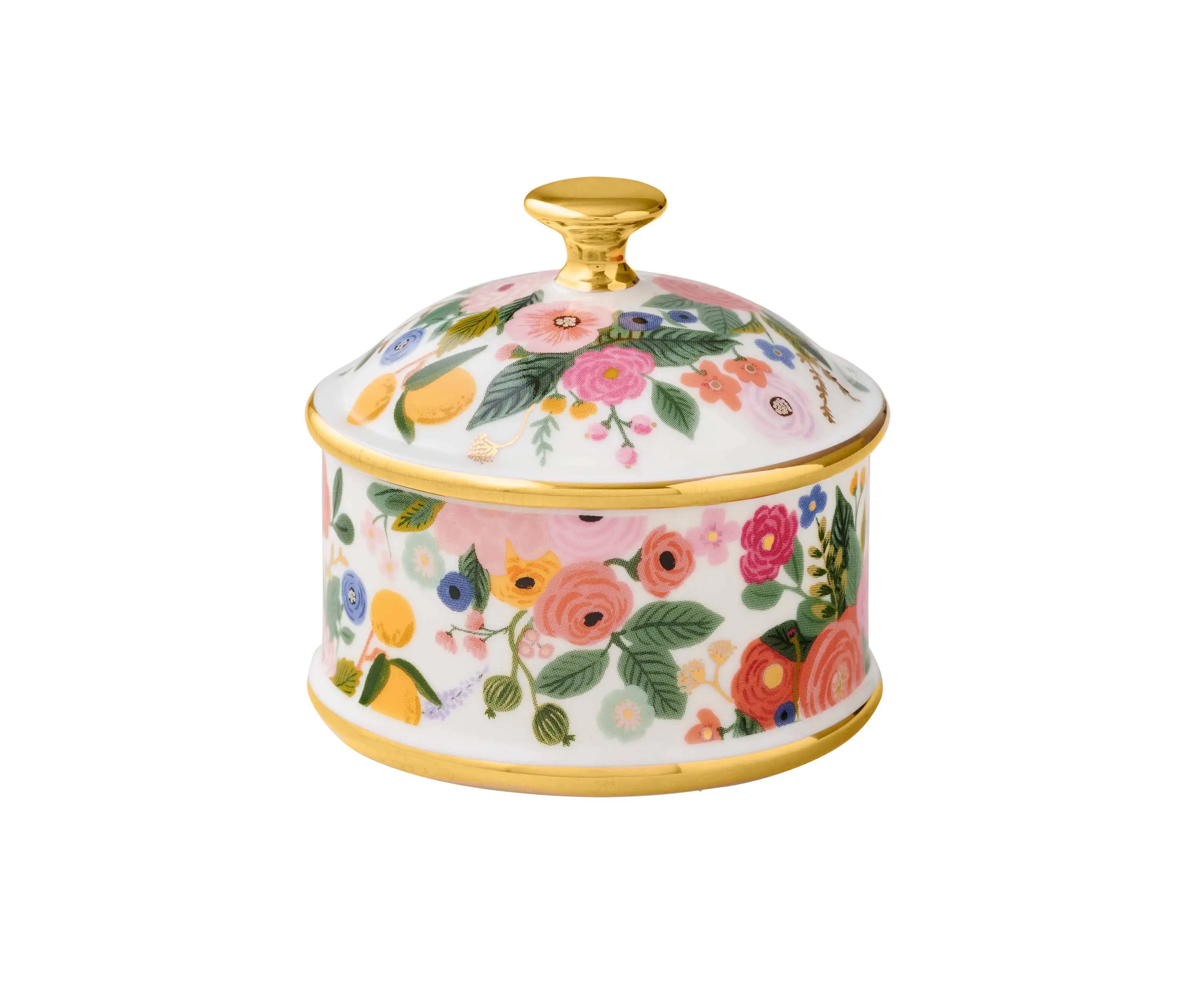 Rifle Paper Co Garden Party Florals Round Porcelain Organiser Box - Metal-Accented Lidded with Handle, 3.2"w x 3"l Home Supplies for Jewelry/Change Storage, Portable