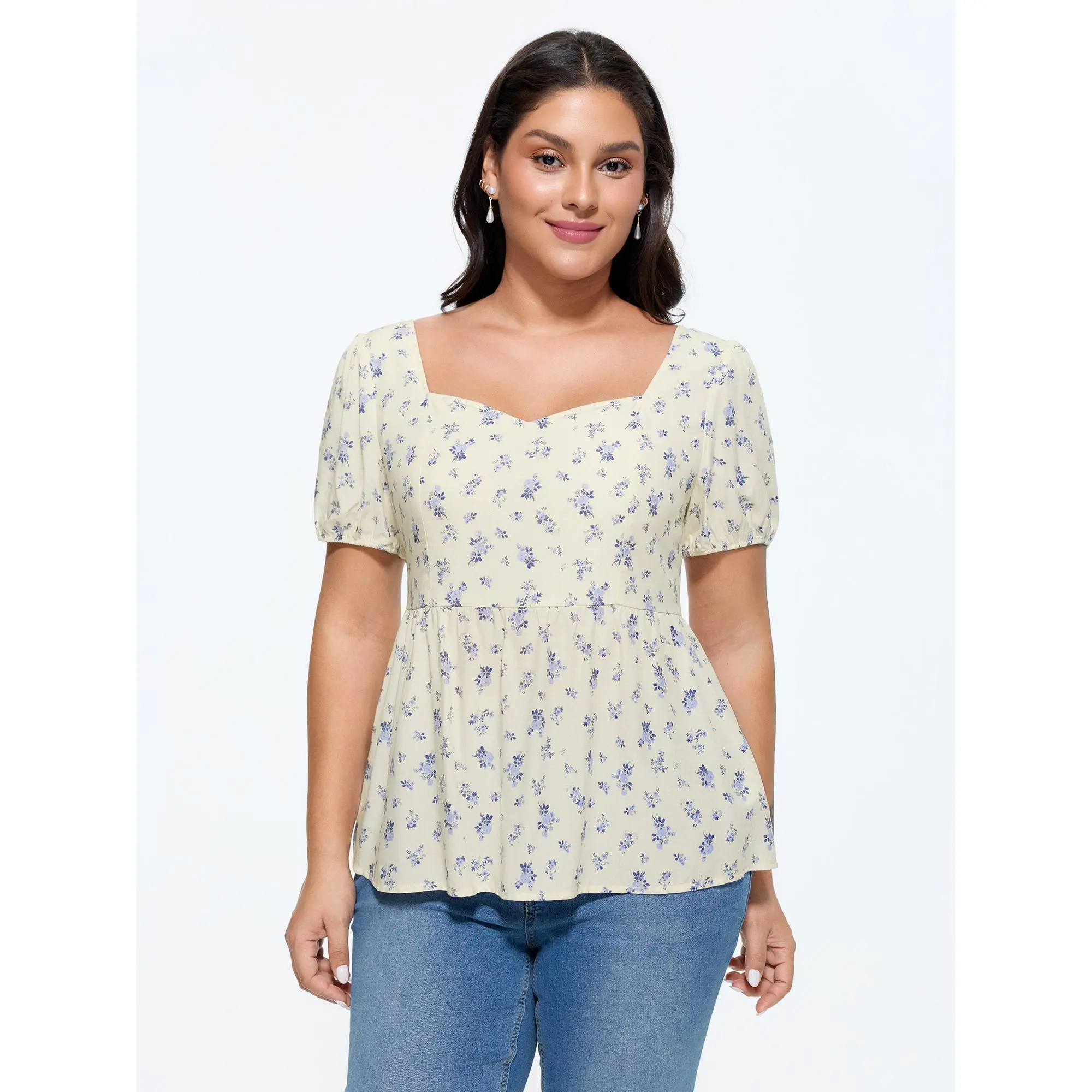 BloomChic Plus Size Blouse, Timeless Ditsy Floral Garment in Rayon Fabric with Puff Sleeve and Bow Back Detail, Regular Length, Short Sleeves, Rayon Shell, Back Bow, 22-24/3X, Shirts, Smooth, Casual, Women's Tops, Plus Size Tops, Floral Print