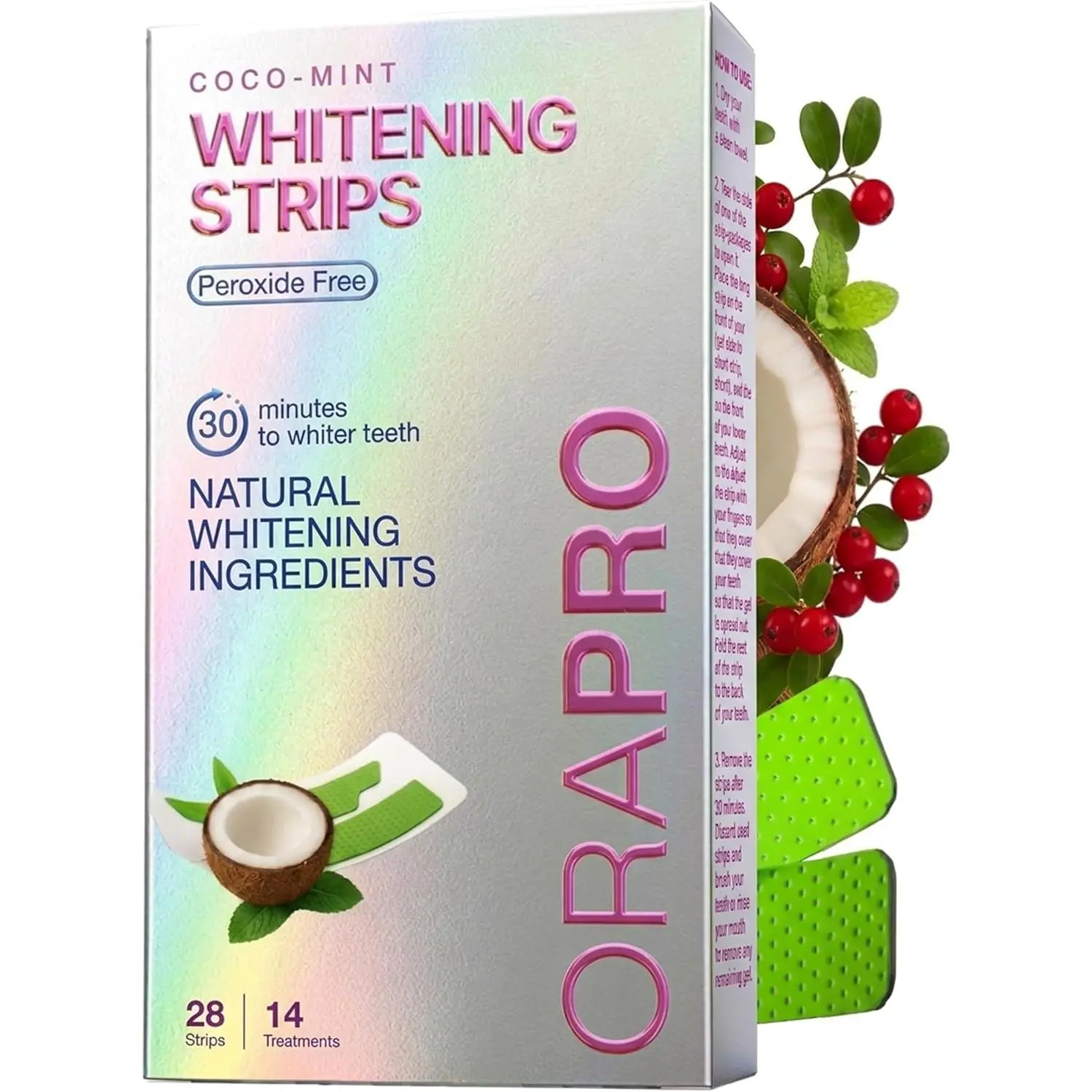 Teeth Whitening Strips – Peroxide-Free Teeth Whitening Kit (28 Count), Enamel Safe for Sensitive Teeth, Natural & Organic Whitener with Arbutin & Coconut Oil, At-Home Teeth Whitening Kit