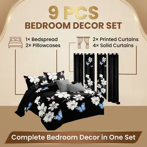 9-piece home decor set (various patterns available): bedspread 1 + printed pillowcases 2 + curtains 6 (printed ×2, solid color ×4), all-season, suitable for home decoration, making the bedroom more beautiful