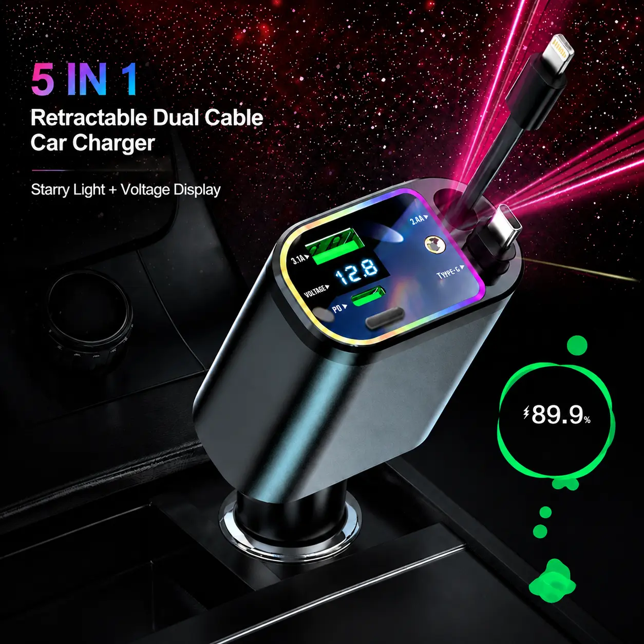 5-in-1 Retractable Car Charger with Compact Plug, Dual 70cm Cables, USB-C Fast Charging, RGB Interior Light, Digital Voltage Display, Multi-Device Standard Socket Cars Accessories for iPhone Android