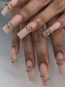 Nude Gold Jewelry Press On Nails, Matte Square Nails with Rhinestone Detail, Luxury Minimal Set