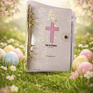 A5 He Is Risen Easter Savings Binder Faith-Based Cash Stuffing Binder with Pink Cross Design and Gold Accents