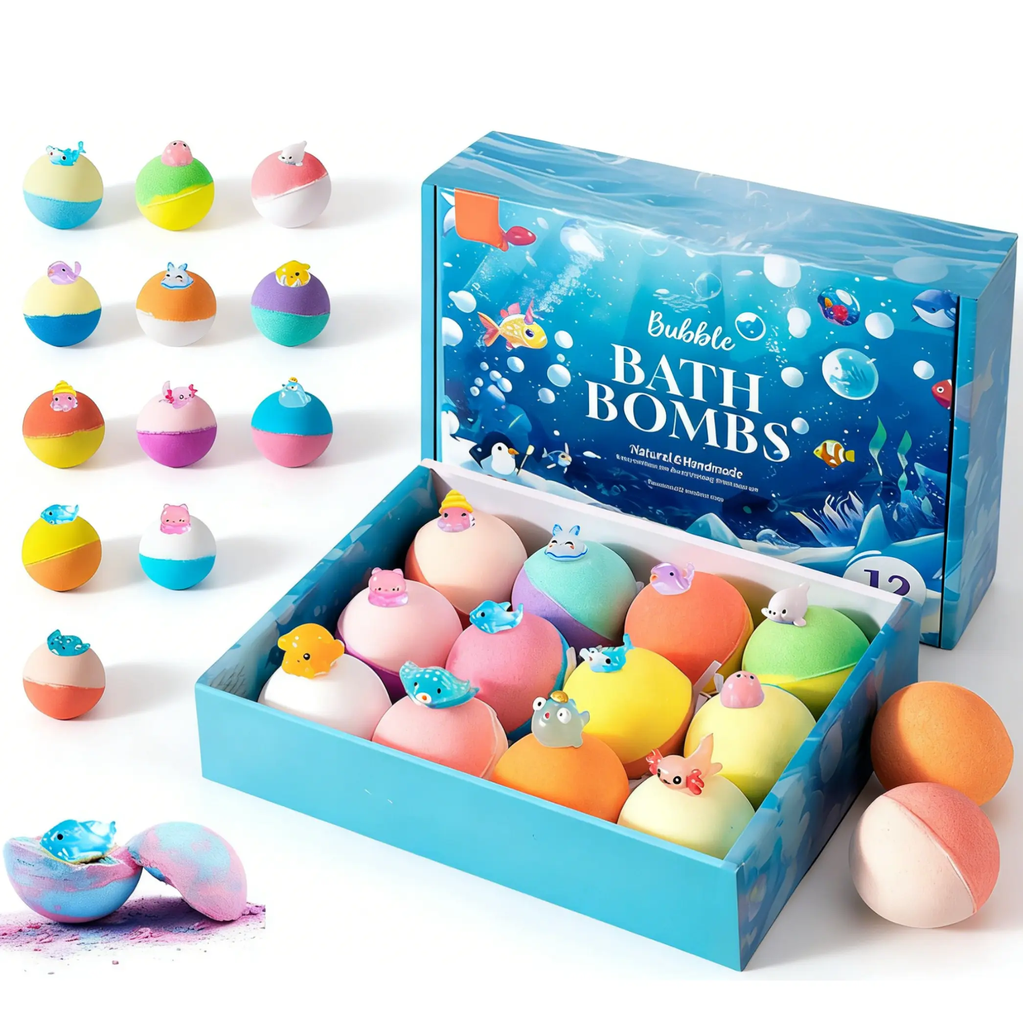 Kids Bath Bombs 12-Count 20g Sulfate-Free All Natural Gift Set - Mega Bubbles, Surprise Ocean Toys, Skin-Friendly Formula for Youth Boys & Girls (Beauty & Personal Care, Bath & Body Care), Bath Bomb Gift, Moisturizing Bath Ball