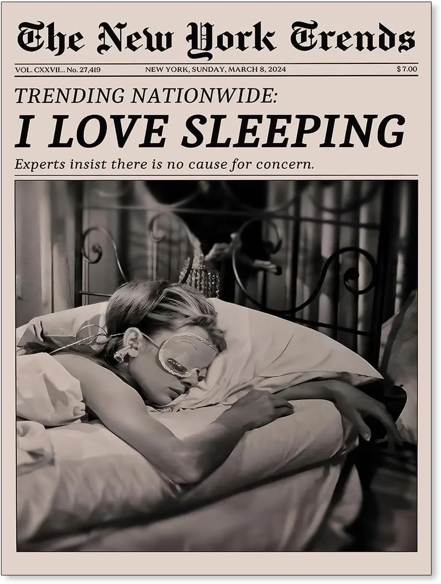 Retro Black and White Feminist Wall Art Newspaper Aesthetic Wooden Framed Canvas Posters Vintage Funky Girl Sleeping Prints for Girly Dorm Bedroom Wall Decor, Coquette Room Decor, Trendy Girl Quote Wall Art, Minimal Black White Bedroom Print