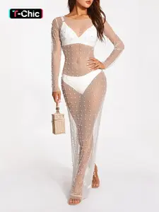 Women's Pearl Decor See Through Cover Up Dress, Sexy Long Sleeve Round Neck Long Dress for Beach Holiday Vacation, Ladies Spring & Fall Clothes