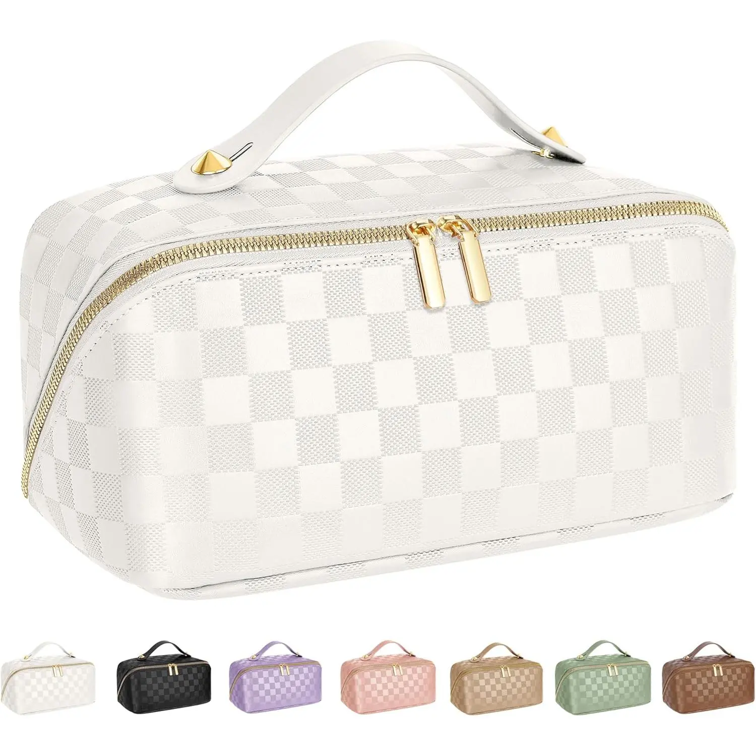 Large Capacity Travel Cosmetic Bag - Portable Makeup Bags for Women Waterproof PU Leather Checkered Makeup Organizer Bag with Dividers and Handle,Toiletry Bag for Cosmetics