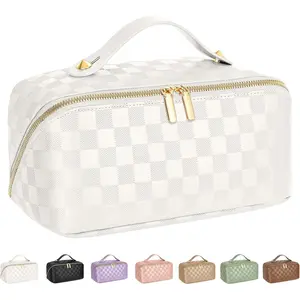 Large Capacity Travel Cosmetic Bag - Portable Makeup Bags for Women Waterproof PU Leather Checkered Makeup Organizer Bag with Dividers and Handle,Toiletry Bag for Cosmetics