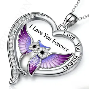Cute Owl Pendant Necklaces Set with "I Love You Forever" Engraving Sparkly Star Moon Heart Animal Jewelry for Besties Gifts Shimmering Purple Accents