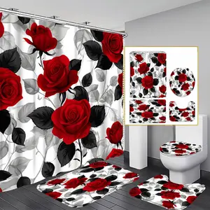 1/4PCS Rose & Leaf Shower Curtain Set, 71x71 Inches, Includes Background Pattern, Comes with 12 Hooks, Bathroom Decoration Accessories