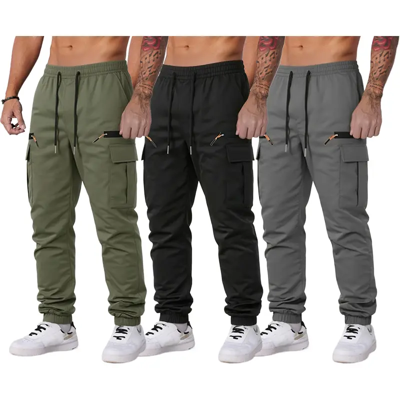 Clean Gent 3-pack men’s solid-color cargo pants—fashionable casual wear with an elastic waistband, multiple pockets, tactical styling, breathable lightweight fabric, tapered athletic fit; ideal for outdoor activities, fishing workwear, and streetwear oute