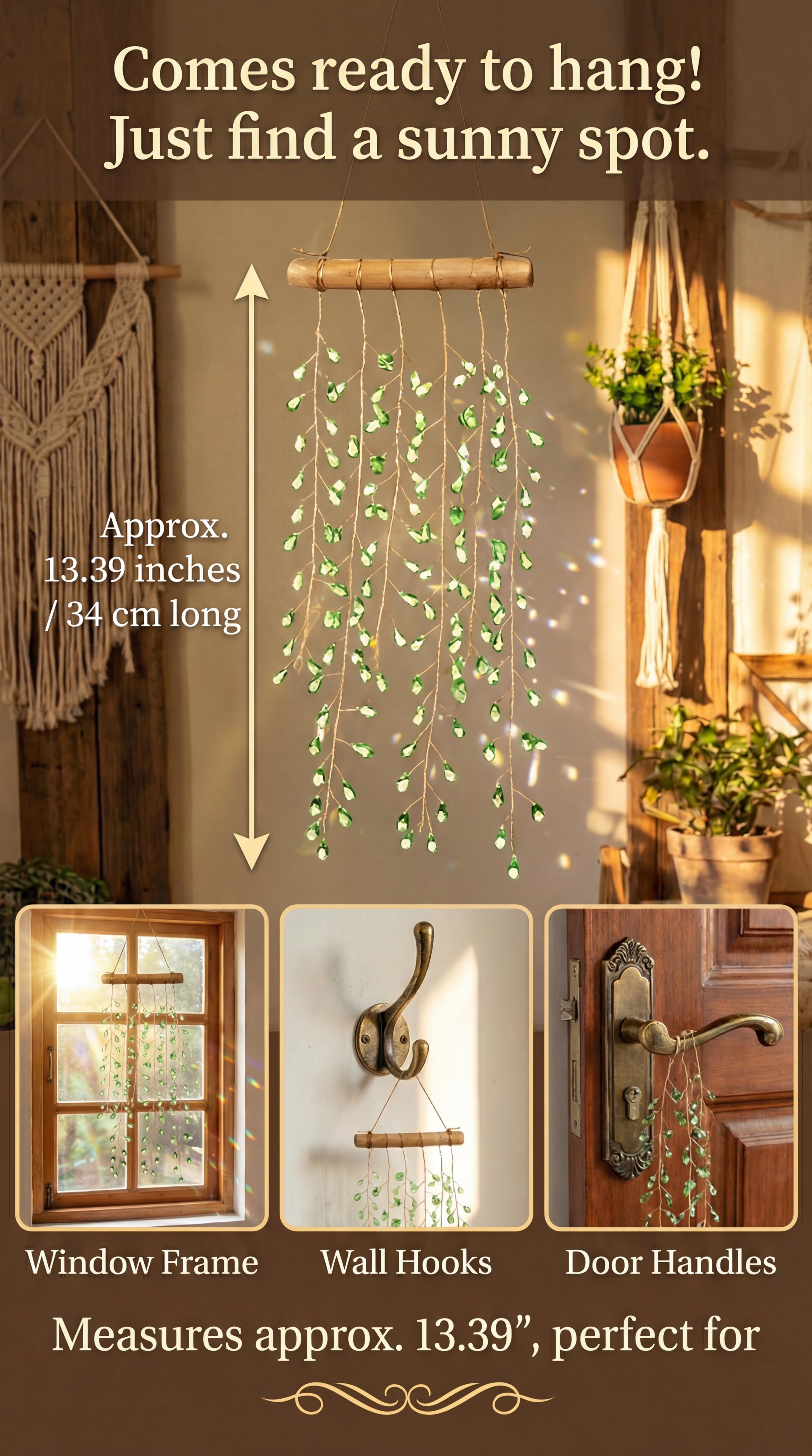 Green/crystal plant suncatcher – Handmade Bohemian Window Decor with Real Wood & Crystal Glass Beads, Rainbow Light Catcher for Home, Garden, suncatcher plant hanger， raised garden beds Gift Idea weeping willow tree Faux Ivy wall planter french doors