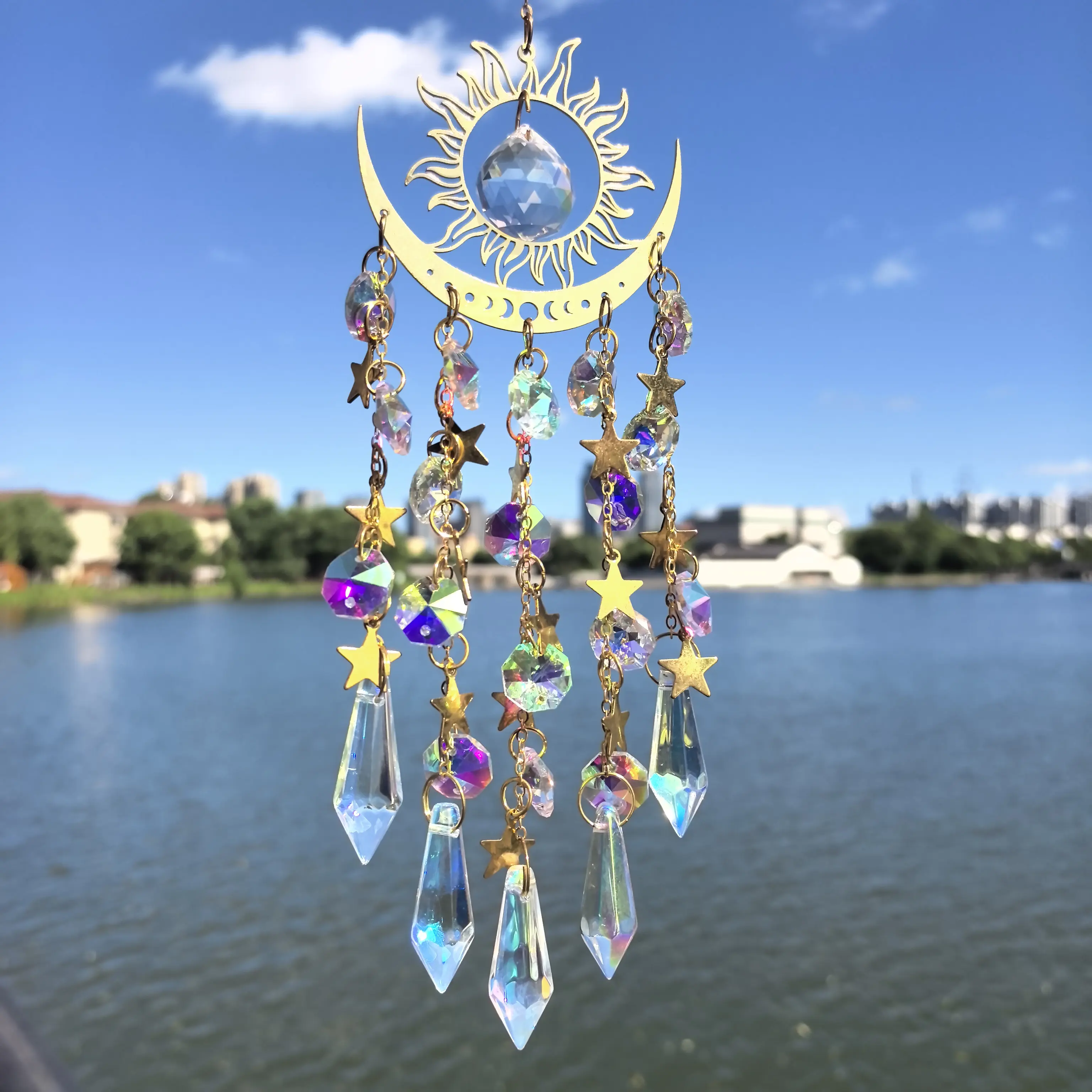 Handmade Glam Modern Golden Sun-Moon Artificial Crystal Hanging Decor, Glass Suncatcher Prism, Indoor-Outdoor Garden Accessories, Kitchen Window Gift for Birthdays