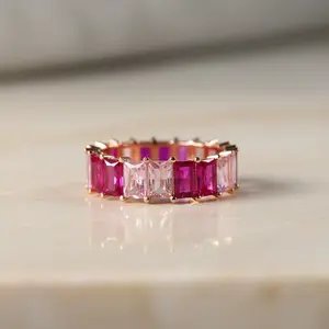 Pink Baguette Ring • Sapphire Eternity Band for Women • Stacking Band