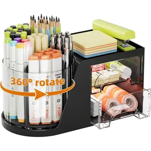 Desk Organizer with 2 Drawer, 360°Rotating Pen Holder, Desk Organizers and Accessories with 6 Slots Pencil Holder + 2 Drawer, Art Supply Storage Box Caddy for Office (Black)