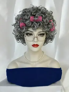 12-Inch Christmas Curly Old Lady Wig with Hair Roll, Funny Granny Costume Wig for Holiday Parties and Halloween