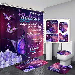 Butterfly & Letter Pattern Bathroom Set, Including 1 Count Toilet Lid Cover & 2 Counts Bathroom Rug & 1 Count Shower Curtain with 12pcs Hooks, Home Decor Supplies, Bathroom Decoration Accessories