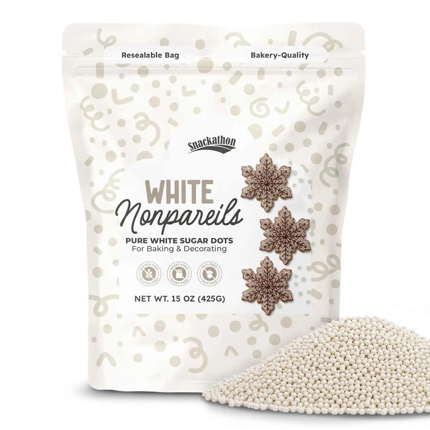 Snackathon Sprinkles for Baking & Decorating, White Nonpareils, Resealable Bag, White Sugar Dot Sprinkles for Cakes, Ice Cream, Cupcakes, Cake Pops & Dessert Toppings