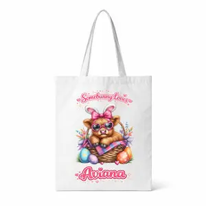 Personalized Easter Tote Bag for Girls •“Somebunny Loves” Custom Name Easter Egg Hunt Basket • Cute Bunny Cow Design Reusable Candy Bag • Double Sided