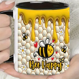 Bee Happy 11oz Black Ceramic Coffee Mug - 3D Bee & Honeycomb Design, White with Yellow Accents, Washable Reusable Kitchen Drinkware, Watercolour Geometric Animals Plants Themed Ideal Gift for Friends