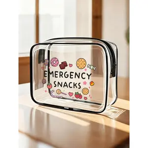 "Emergency Snack" Letter Printed PVC Toiletry Bag, Pouch, Zippered Home Storage Bag - Waterproof, Easy To Wipe And Clean Design, Suitable For Makeup Bags For Mothers, Teachers, Friends, Nurses, Gift Bags For Female Friends, Travel Essentials For Holidays
