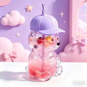 New Cute Bear Shaped Glass Cup Bottle, 20oz Capacity, Hat Lid, Suitable for Coffee, Juice, Milk, Tea, Free Straw and Lid Included