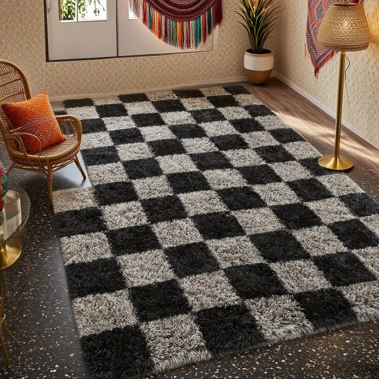 4x6 ft Black and Grey Checkered Cotton Decorative Area Rug - Fluffy Soft Tight Weave Washable Indoor Floor Covering, Modern Anti-Slip Base Shag Carpet for Bedroom, Nursery (with Area Rug Cleaning Note)