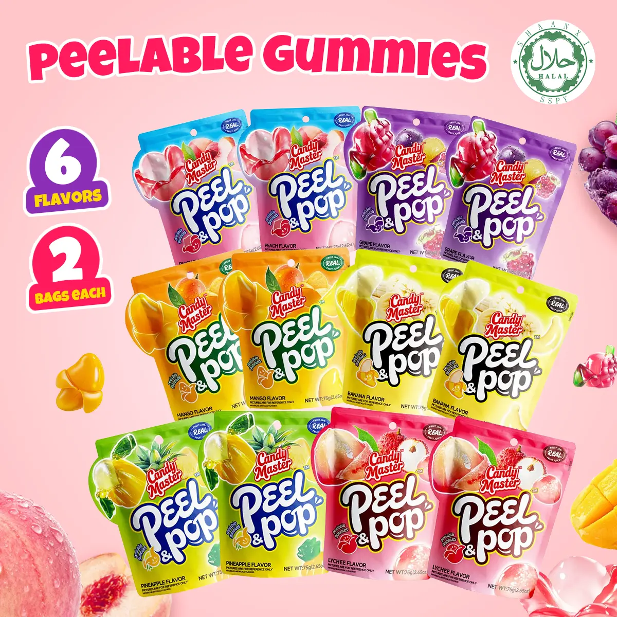 Candy Master Peel & Pop Peelable Gummy Candy - 6 Fruity Football Snacks Flavors (Banana, Lychee, Grape, Peach, Mango, Pineapple) - Juicy, Chewy, Halal Certified for Kids & Snack Lovers