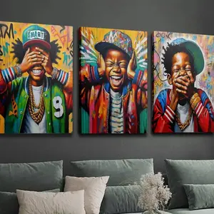 2D canvas, 3-piece set of wooden frame canvas decoration, modern hip-hop style, African American art, Pop art, street graffiti oil painting, humorous gift, indoor home wall decoration art wooden frame and wooden rack spaceroom decor