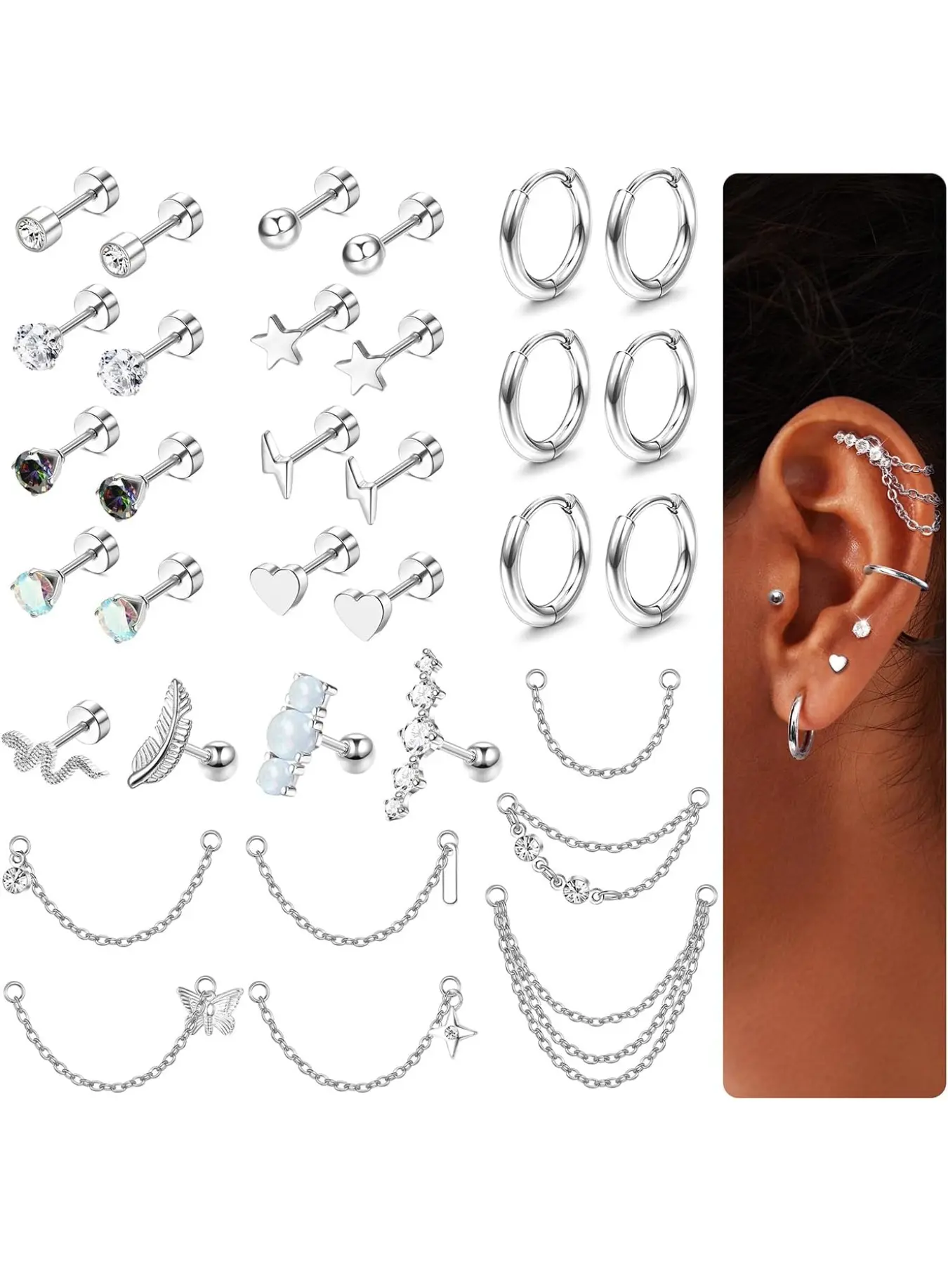 33Pcs Stainless Steel Cartilage Earrings Set for Women Flat Back Stud Earrings Helix Earring Small Hoop Chain Earrings Hypoallergenic CZ Opal Star Heart Snake Tragus Conch Helix Piercing Jewelry Flatback Cartilage Earrings