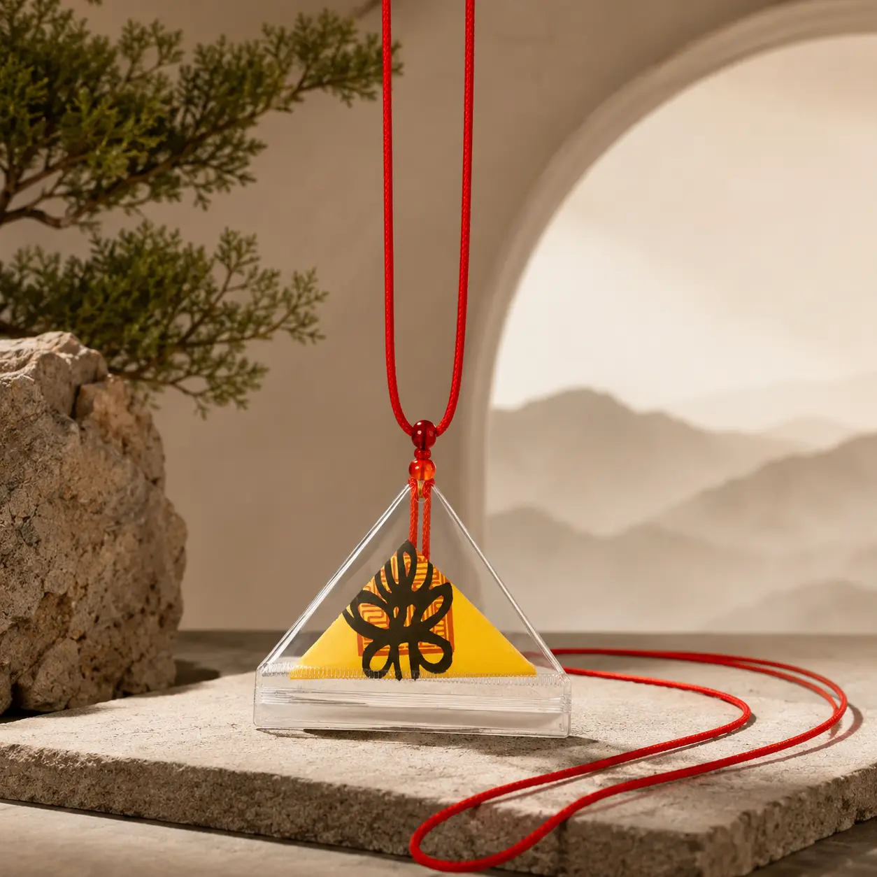Taoist Inspired Triangle Pendant Necklace with Long Red Cord, Spiritual Talisman Charm for Inner Peace, Confidence, and Daily Balance, Blessed Triangle Amulet