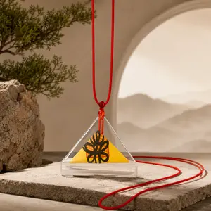 Wudang Blessed Triangle Amulet Necklace with Long Red Cord, Taoist Inspired Protection Talisman for Health, Love, Wealth, Career, Good Luck, Calm Energy, Inner Peace, Confidence, Balance, Daily Wear Spiritual Jewelry Gift