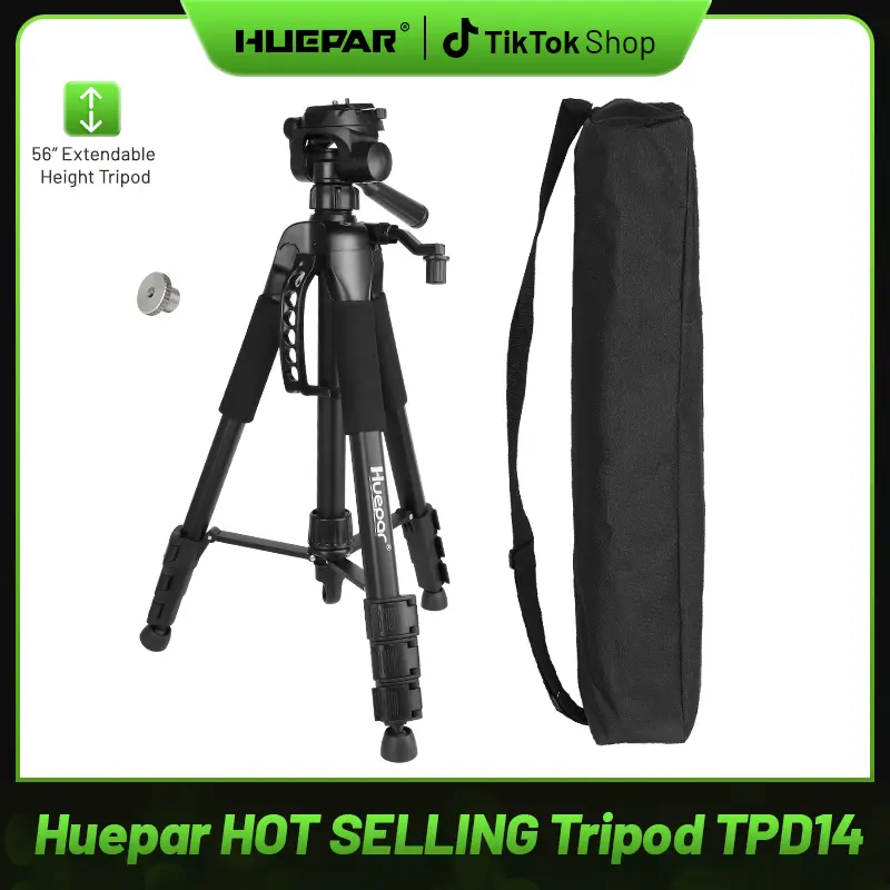 Huepar TPD14 Laser Leveler Tool Tripod, 56-Inch Extendable Stand with 1/4"-&5/8" Thread Mount, Non-Skid Ft, Multi-Function Hook, Compatible with Line & Point Lasers