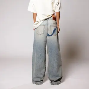 Women's Back Pocket Curved Arrow Print Gradient Light Wash Baggy Wide Leg Jeans, High Waist Oversized Loose Denim Trousers 90s Vintage Skate Streetwear Trendy Casual Bottoms