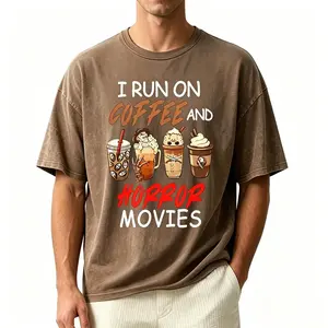 I Run on Coffee and Horror Movies Funny Halloween Graphic Tee for Women and Men, Casual 100% Cotton Heavyweight Vintage Washed Oversized T-Shirt, Spooky Blood Scary Movie Fan Birthday Holiday Giftable Streetwear Short Sleeve Shirt