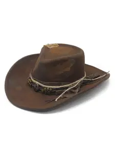 New European and American hot-selling burnt and distressed British felt hat with large brim and leather ribbon decoration