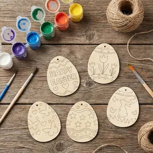 8/16pcs Easter Wooden Egg Ornaments for DIY Painting, Colorful Blank Egg Shapes with Twine, Spring Home Hanging Decorations, Easter Craft Accessories, DIY Crafting