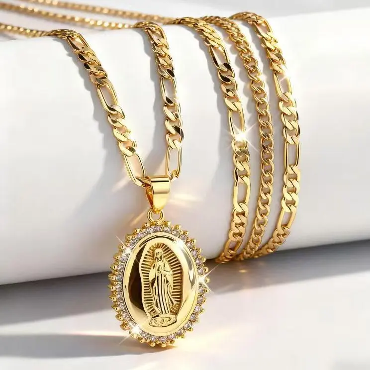 14K Gold Plated Virgin of Guadalupe Pendant Necklace with Durable Cubic Zirconia Cuban Link Chain for Daily Wear Parties & Religious Occasions