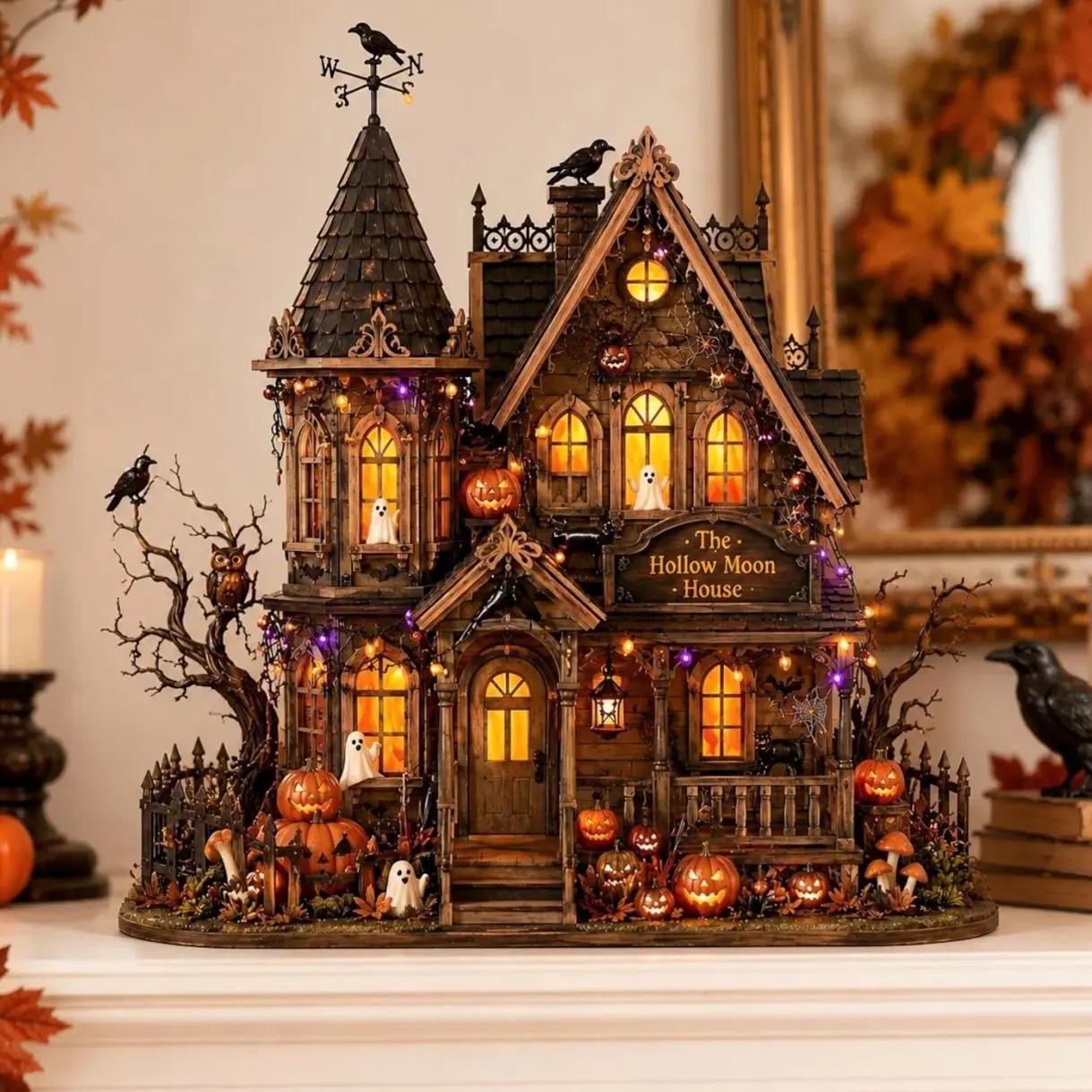 Personalized Halloween Haunted House Wooden Block, Gothic Spooky House Decor, Tabletop Sign, Fall Shelf Decoration